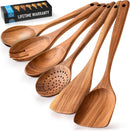 Zulay Kitchen Conjunto de colheres de madeira de 6 peças – Utensílios de teca macios resistentes ao calor com aderência confortável – leve e durável – fácil de limpar, perfeito para panelas