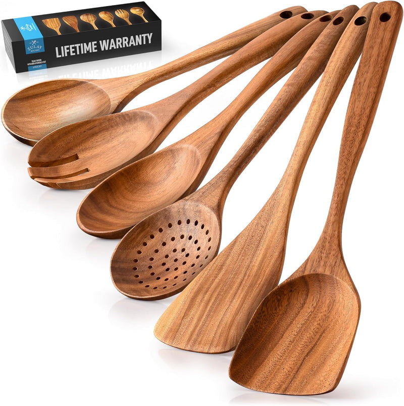 Zulay Kitchen Conjunto de colheres de madeira de 6 peças – Utensílios de teca macios resistentes ao calor com aderência confortável – leve e durável – fácil de limpar, perfeito para panelas