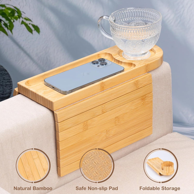 Bandeja de suporte de copo de sofá, bandeja de braço de sofá de bambu com suporte giratório de 360°, bandeja de descanso de braço de sofá dobrável 3 em 1 para controle remoto/lanches/xícaras/bebidas