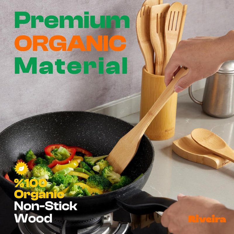 Riveira Colheres de cozinha de bambu com 6 peças – Conjunto de utensílios de cozinha de madeira com colheres de madeira para cozinhar e espátulas, conjuntos de utensílios de madeira – Conjunto de