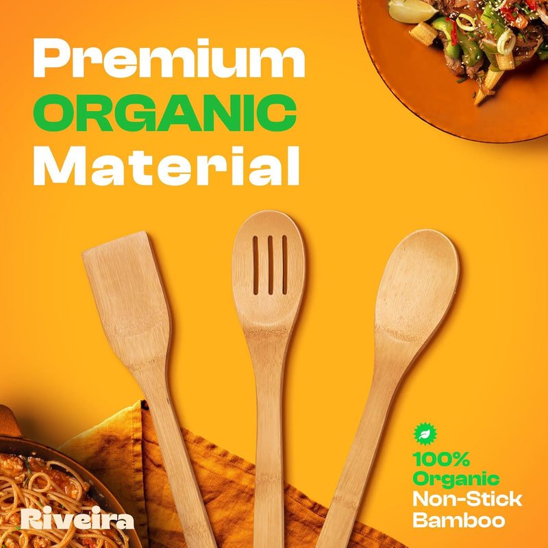 Riveira Colheres de cozinha de bambu com 6 peças – Conjunto de utensílios de cozinha de madeira com colheres de madeira para cozinhar e espátulas, conjuntos de utensílios de madeira – Conjunto de