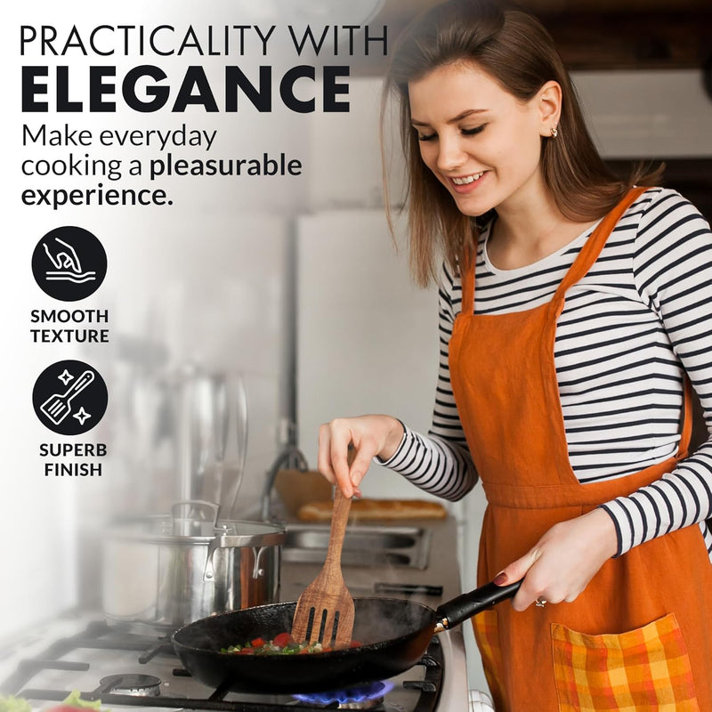 Zulay Kitchen Conjunto de colheres de madeira de 6 peças – Utensílios de teca macios resistentes ao calor com aderência confortável – leve e durável – fácil de limpar, perfeito para panelas