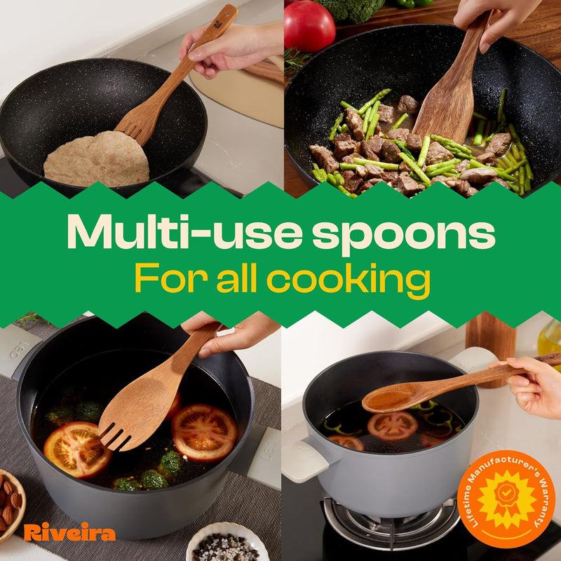 Riveira Colheres de cozinha de bambu com 6 peças – Conjunto de utensílios de cozinha de madeira com colheres de madeira para cozinhar e espátulas, conjuntos de utensílios de madeira – Conjunto de