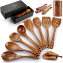 Zulay Kitchen Conjunto de colheres de madeira de 6 peças – Utensílios de teca macios resistentes ao calor com aderência confortável – leve e durável – fácil de limpar, perfeito para panelas