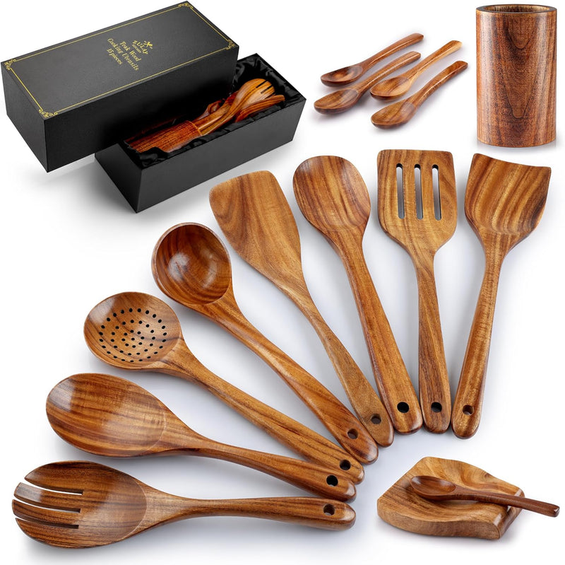 Zulay Kitchen Conjunto de colheres de madeira de 6 peças – Utensílios de teca macios resistentes ao calor com aderência confortável – leve e durável – fácil de limpar, perfeito para panelas