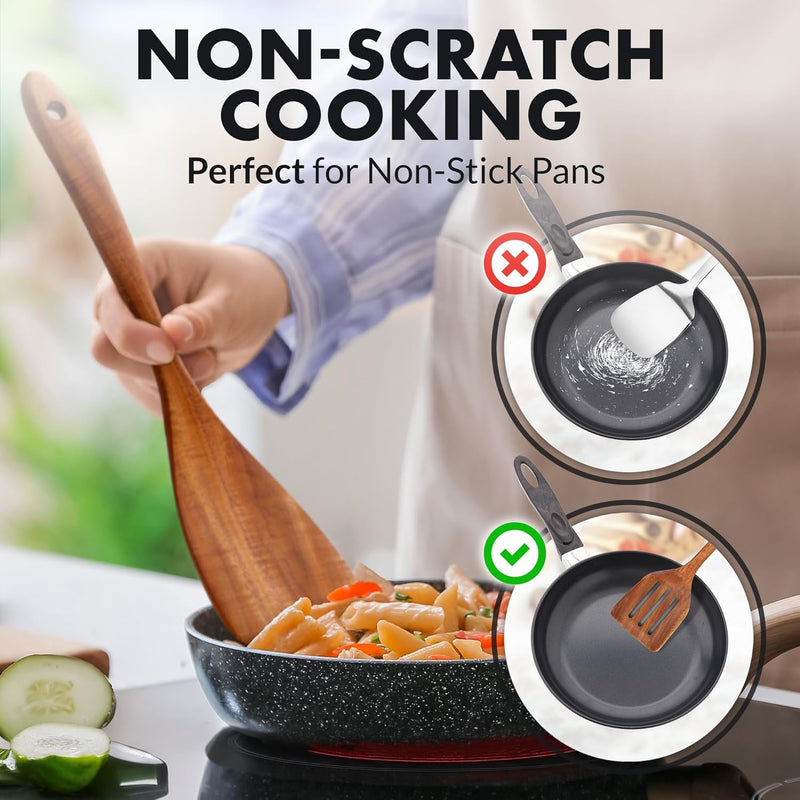 Zulay Kitchen Conjunto de colheres de madeira de 6 peças – Utensílios de teca macios resistentes ao calor com aderência confortável – leve e durável – fácil de limpar, perfeito para panelas