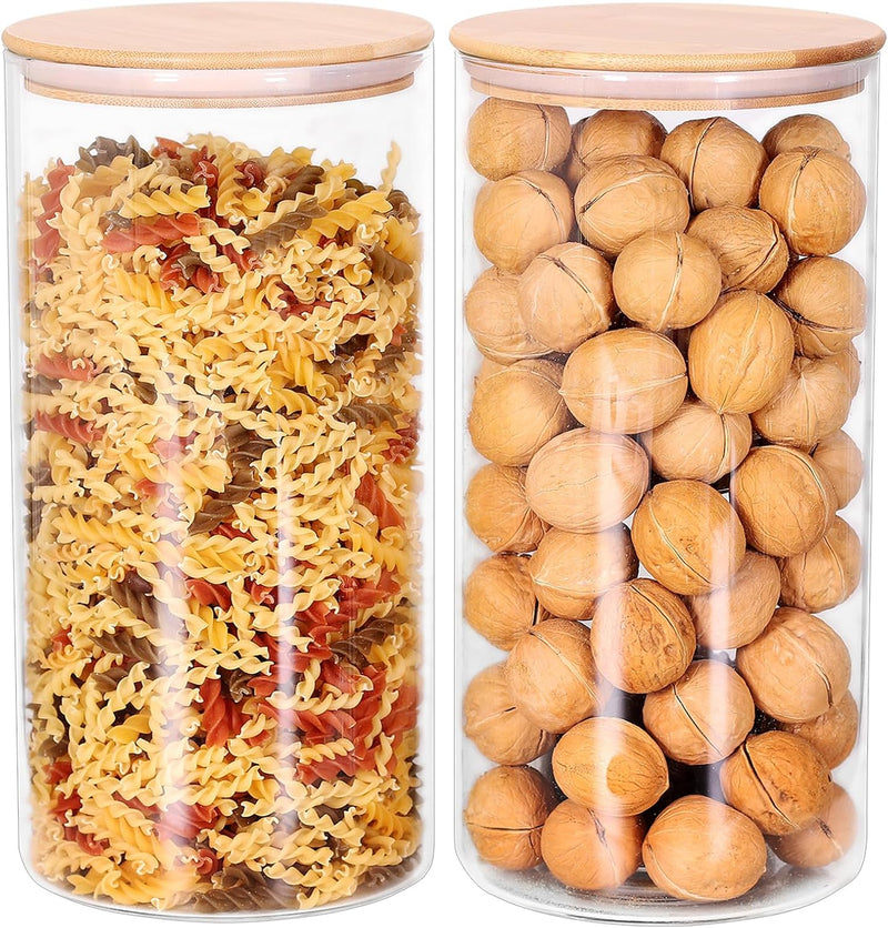 Conjunto de recipientes empilháveis de cozinha, pacote com 5 potes de armazenamento de alimentos de vidro transparente com tampa hermética de bambu para doces, biscoitos, arroz,