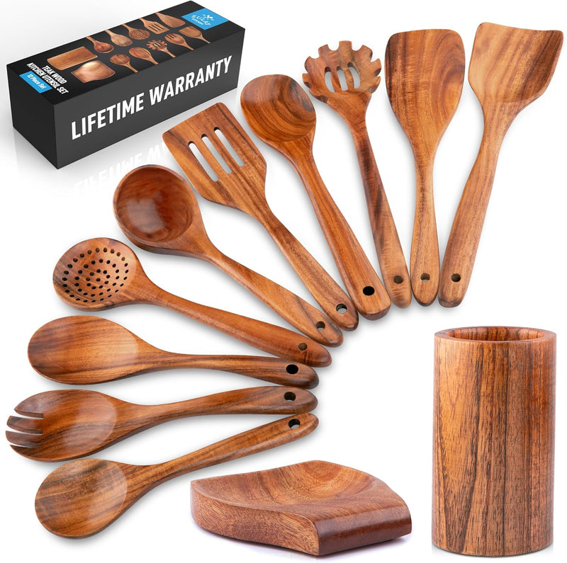 Zulay Kitchen Conjunto de colheres de madeira de 6 peças – Utensílios de teca macios resistentes ao calor com aderência confortável – leve e durável – fácil de limpar, perfeito para panelas