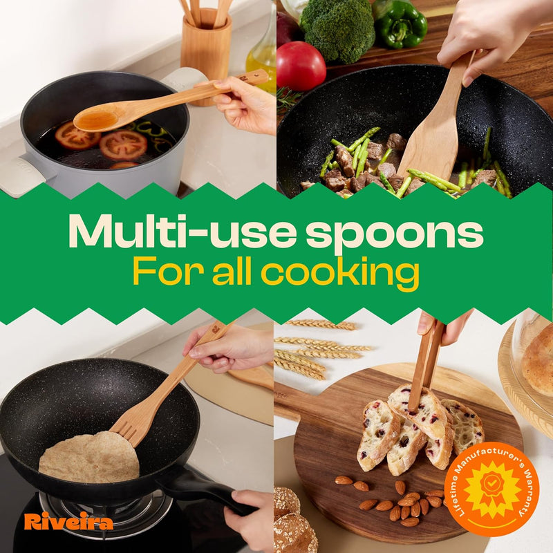 Riveira Colheres de cozinha de bambu com 6 peças – Conjunto de utensílios de cozinha de madeira com colheres de madeira para cozinhar e espátulas, conjuntos de utensílios de madeira – Conjunto de