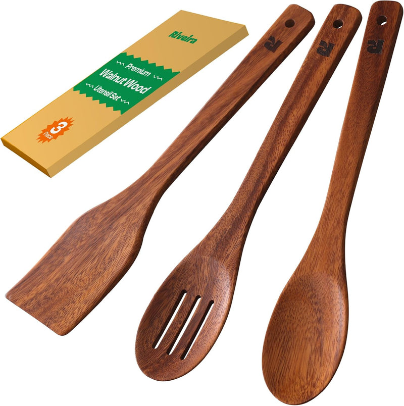 Riveira Colheres de cozinha de bambu com 6 peças – Conjunto de utensílios de cozinha de madeira com colheres de madeira para cozinhar e espátulas, conjuntos de utensílios de madeira – Conjunto de