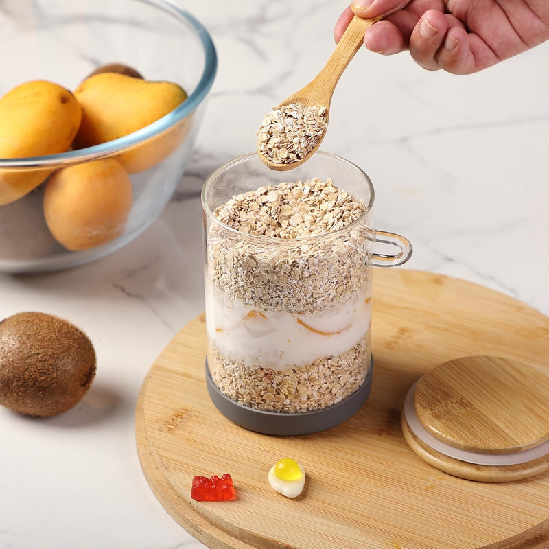 BAMBOO LAND- Glass Jars with Bamboo Lids and Spoons Set, 19 Oz, Set of 6, Glass Containers with Bamboo Lids Airtight for Loose Tea, Brown Sugar, Candy, Nuts