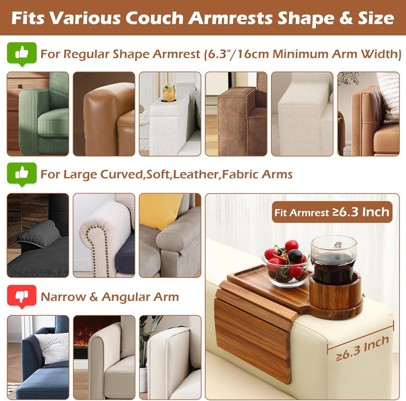 BAMBOOTRAY Bandeja de suporte de copo de sofá, mesa de braço de sofá 3 em 1, grande 48 x 33 cm, mesa lateral de bambu com clipe de sofá com suporte de copo de 360° para sofá, organizador