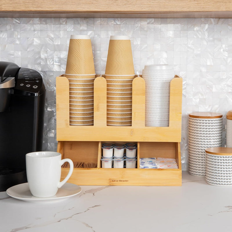 Mind Reader Estação de copos e condimentos, organizador de bancada, café, cozinha, bambu, 35 cm C x 17 cm L x 29 cm A, marrom