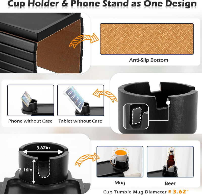 BAMBOOTRAY Bandeja de suporte de copo de sofá, mesa de braço de sofá 3 em 1, grande 48 x 33 cm, mesa lateral de bambu com clipe de sofá com suporte de copo de 360° para sofá, organizador