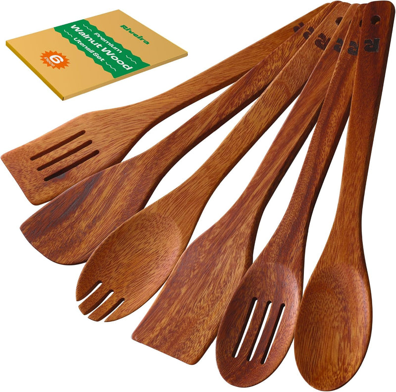 Riveira Colheres de cozinha de bambu com 6 peças – Conjunto de utensílios de cozinha de madeira com colheres de madeira para cozinhar e espátulas, conjuntos de utensílios de madeira – Conjunto de