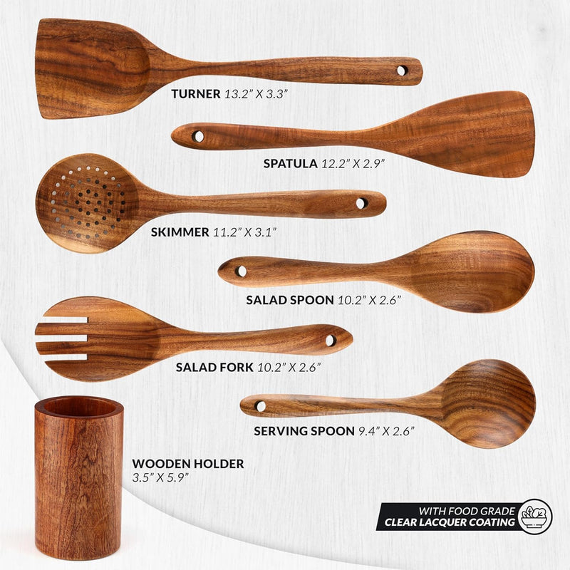 Zulay Kitchen Conjunto de colheres de madeira de 6 peças – Utensílios de teca macios resistentes ao calor com aderência confortável – leve e durável – fácil de limpar, perfeito para panelas