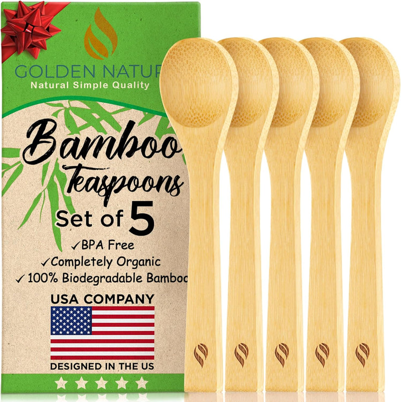 Conjunto de colheres de bambu (5 peças), pequenas colheres de chá de cozinha, colheres de madeira minúsculas perfeitas para açúcar, especiarias, temperos, café, geléia, ervas, mel e sobremesa