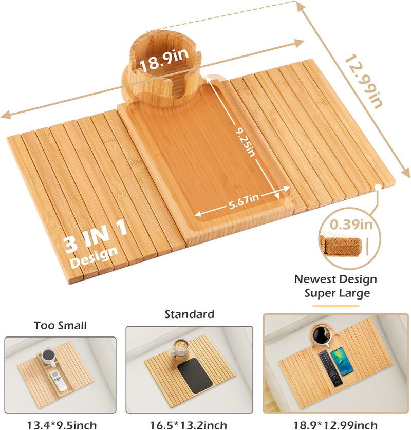 BAMBOOTRAY Bandeja de suporte de copo de sofá, mesa de braço de sofá 3 em 1, grande 48 x 33 cm, mesa lateral de bambu com clipe de sofá com suporte de copo de 360° para sofá, organizador