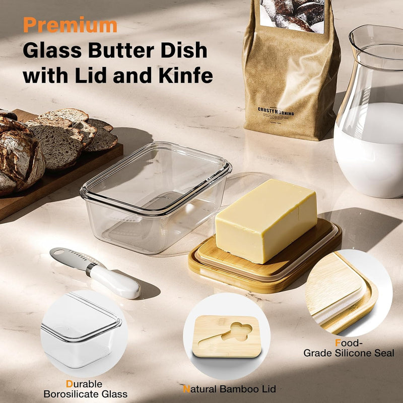 Manteiga de vidro com tampa e faca de bambu