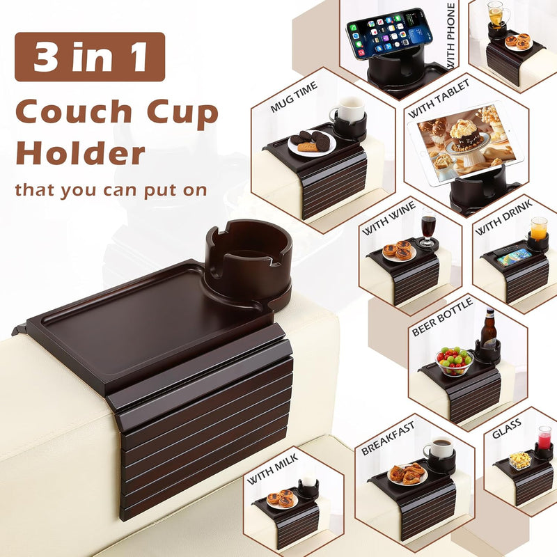 BAMBOOTRAY Bandeja de suporte de copo de sofá, mesa de braço de sofá 3 em 1, grande 48 x 33 cm, mesa lateral de bambu com clipe de sofá com suporte de copo de 360° para sofá, organizador