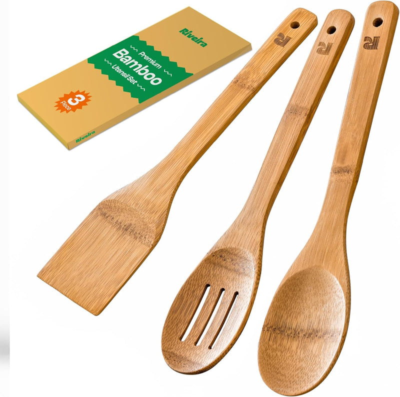 Riveira Colheres de cozinha de bambu com 6 peças – Conjunto de utensílios de cozinha de madeira com colheres de madeira para cozinhar e espátulas, conjuntos de utensílios de madeira – Conjunto de
