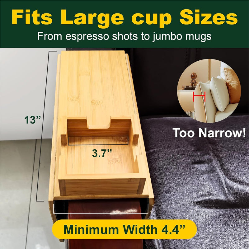 Couch Cup Holder, Bamboo Sofa Armrest Tray with Detachable Cup Holder – Foldable, Anti-Slip Couch Table for Drinks, Snacks, Remotes & Phones – Universal Fit Organizer, Easy to Clean