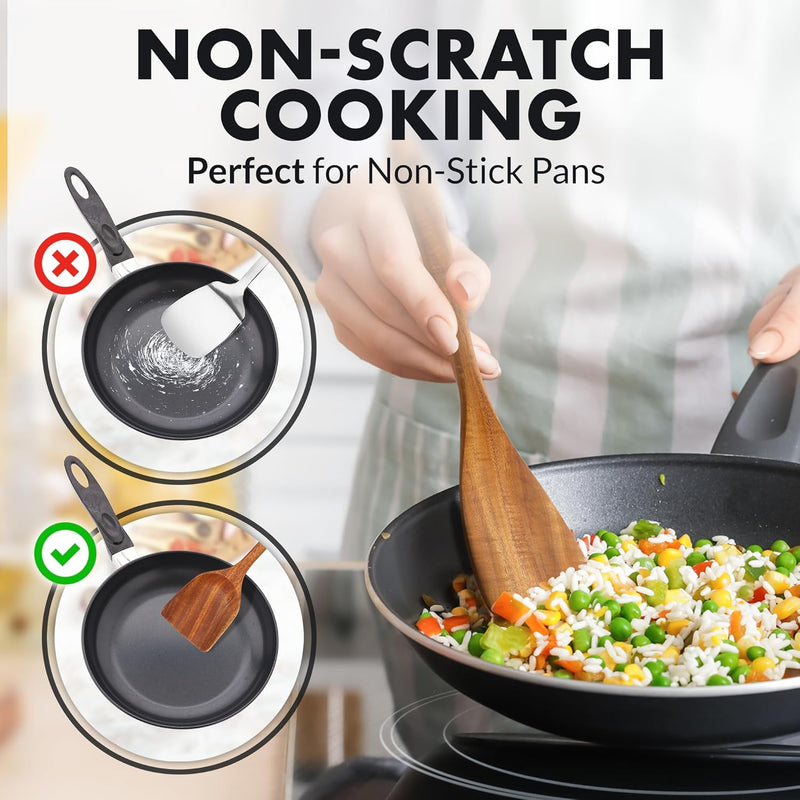 Zulay Kitchen Conjunto de colheres de madeira de 6 peças – Utensílios de teca macios resistentes ao calor com aderência confortável – leve e durável – fácil de limpar, perfeito para panelas