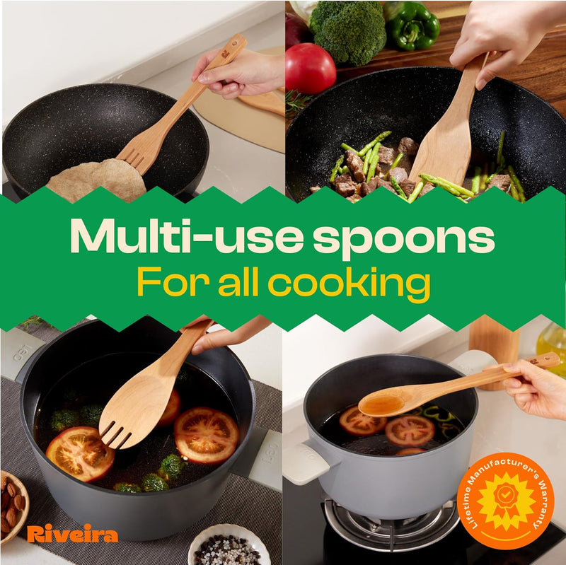 Riveira Colheres de cozinha de bambu com 6 peças – Conjunto de utensílios de cozinha de madeira com colheres de madeira para cozinhar e espátulas, conjuntos de utensílios de madeira – Conjunto de