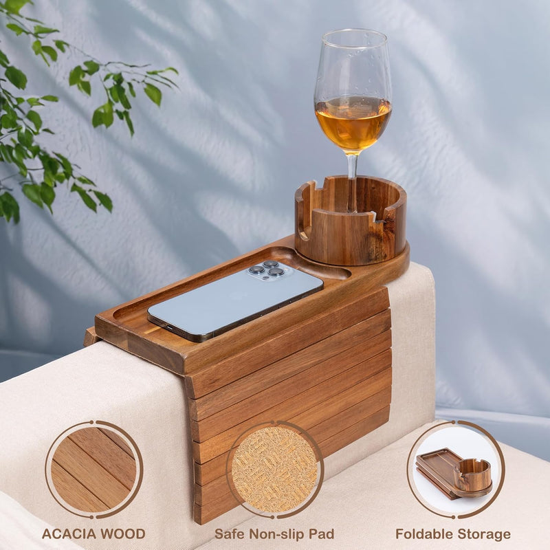 Bandeja de suporte de copo de sofá, bandeja de braço de sofá de bambu com suporte giratório de 360°, bandeja de descanso de braço de sofá dobrável 3 em 1 para controle remoto/lanches/xícaras/bebidas