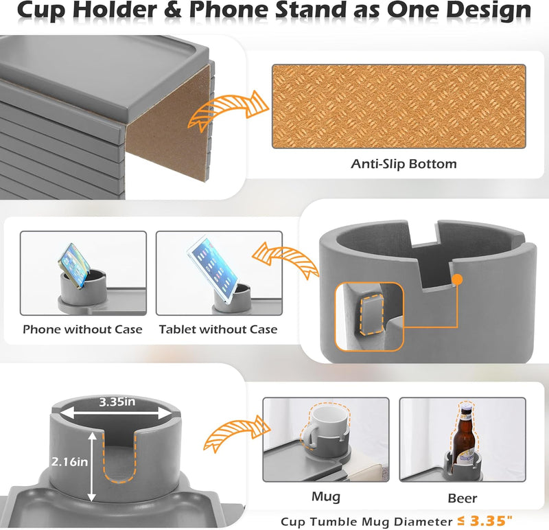 BAMBOOTRAY Bandeja de suporte de copo de sofá, mesa de braço de sofá 3 em 1, grande 48 x 33 cm, mesa lateral de bambu com clipe de sofá com suporte de copo de 360° para sofá, organizador
