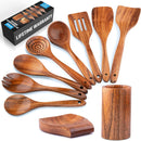 Zulay Kitchen Conjunto de colheres de madeira de 6 peças – Utensílios de teca macios resistentes ao calor com aderência confortável – leve e durável – fácil de limpar, perfeito para panelas