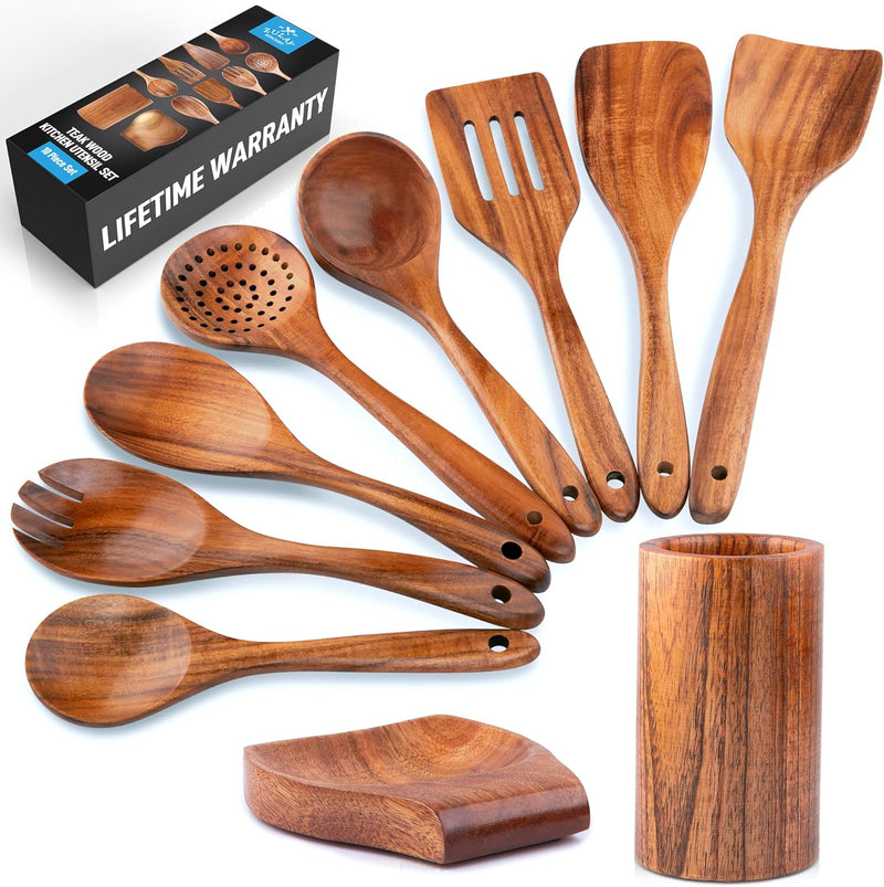 Zulay Kitchen Conjunto de colheres de madeira de 6 peças – Utensílios de teca macios resistentes ao calor com aderência confortável – leve e durável – fácil de limpar, perfeito para panelas