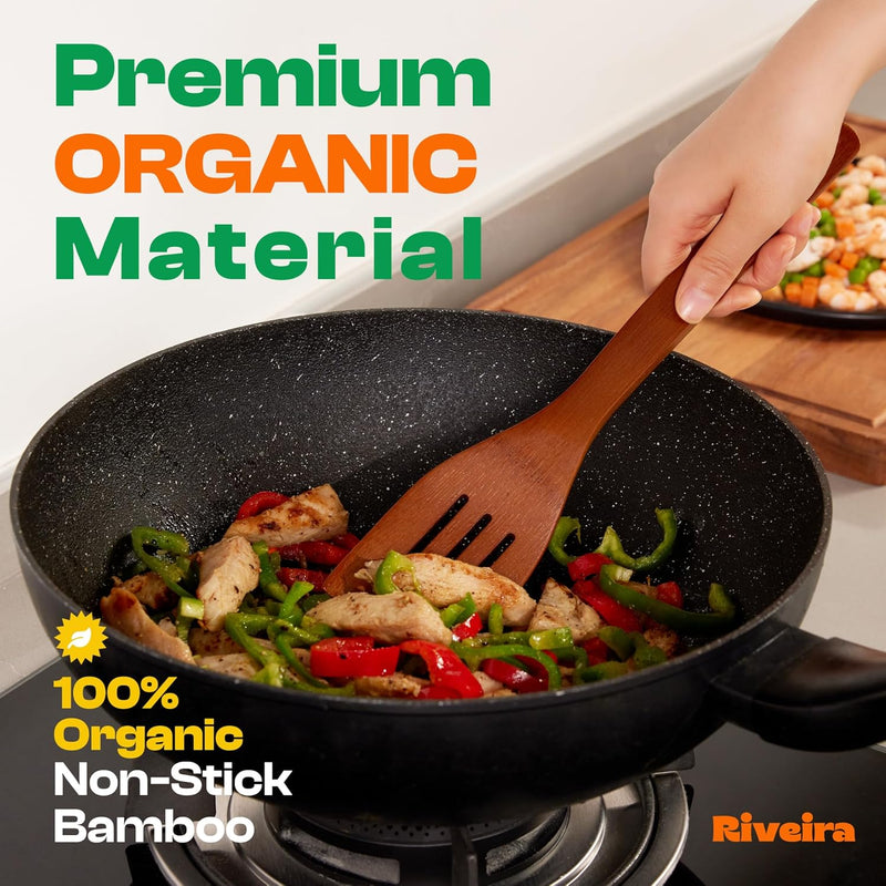 Riveira Colheres de cozinha de bambu com 6 peças – Conjunto de utensílios de cozinha de madeira com colheres de madeira para cozinhar e espátulas, conjuntos de utensílios de madeira – Conjunto de