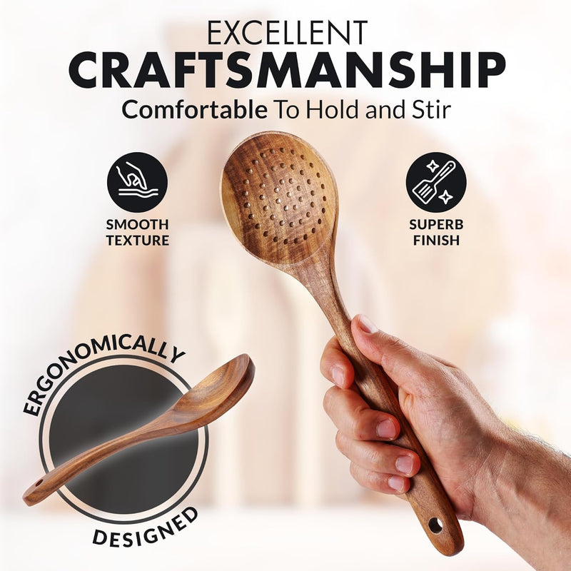 Zulay Kitchen Conjunto de colheres de madeira de 6 peças – Utensílios de teca macios resistentes ao calor com aderência confortável – leve e durável – fácil de limpar, perfeito para panelas