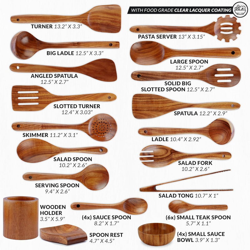 Zulay Kitchen Conjunto de colheres de madeira de 6 peças – Utensílios de teca macios resistentes ao calor com aderência confortável – leve e durável – fácil de limpar, perfeito para panelas