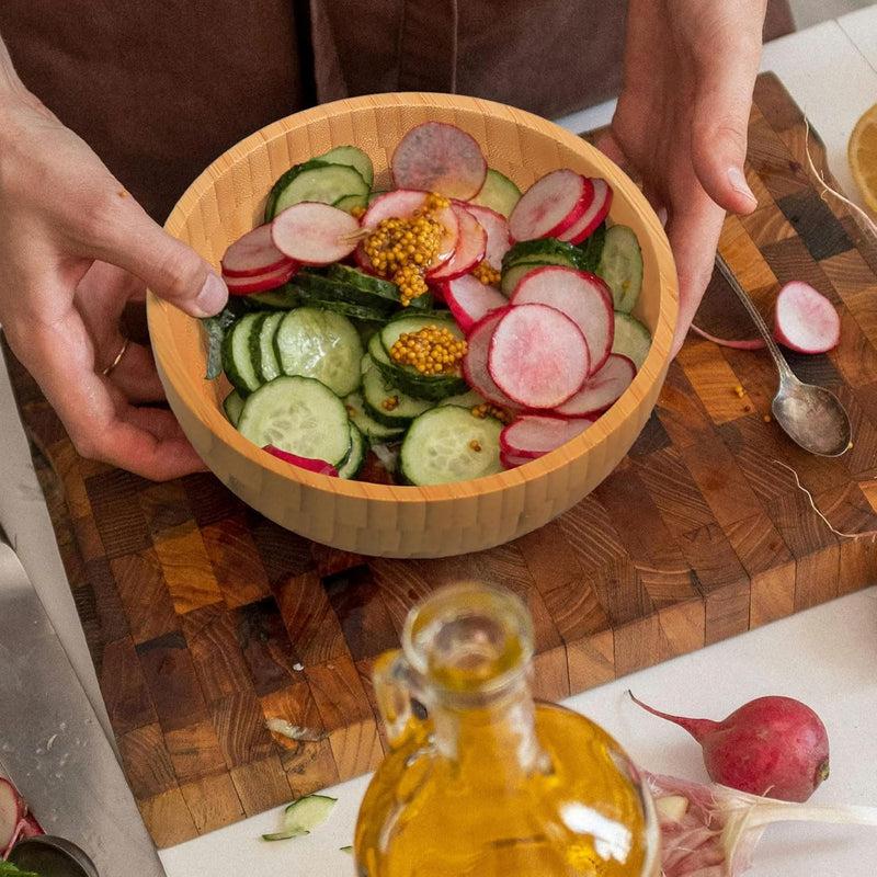 Tigelas de salada de bambu, tigelas grandes redondas de madeira de bambu de 20 cm para saladas/frutas/massas/legumes, tigela de servir à mão para entretenimento e festa, decoração de casa