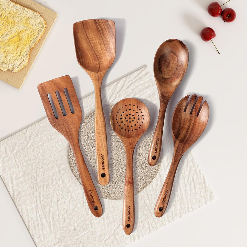 Conjunto de utensílios de cozinha de madeira teca natural de 9 peças com descanso de colher - Suporte de colheres e utensílios de cozinha com aderência confortável