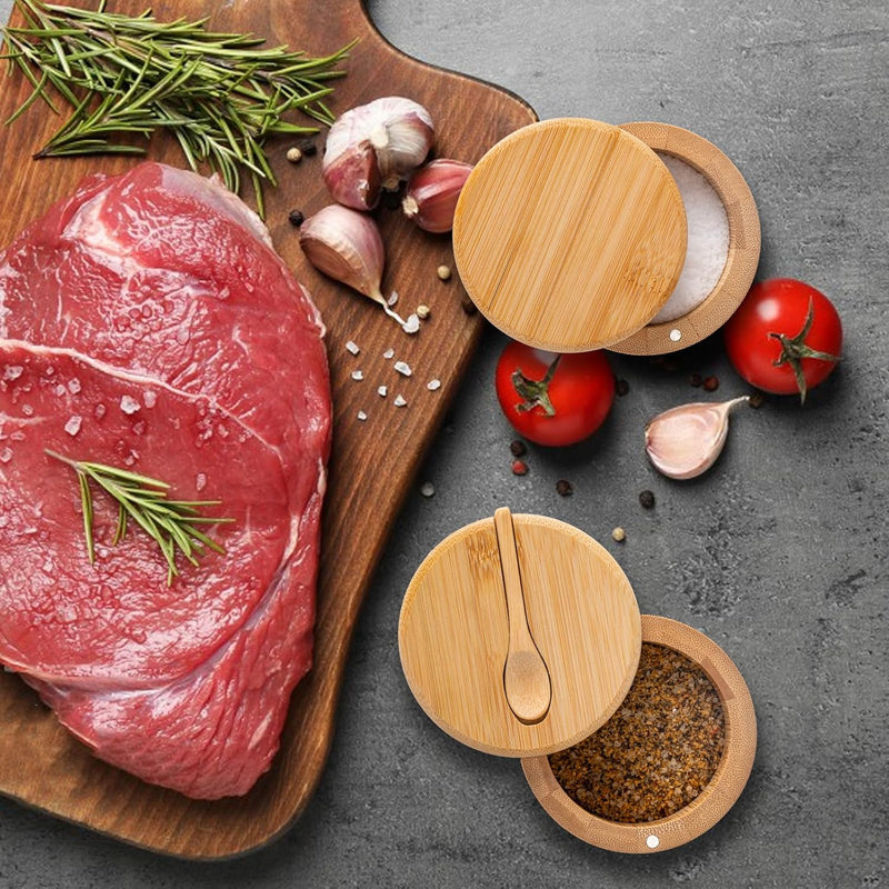 Saleiro de bambu, caixa de sal com tampa magnética giratória