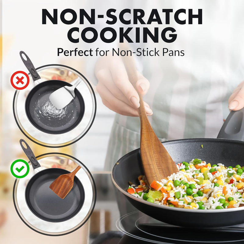 Zulay Kitchen Conjunto de colheres de madeira de 6 peças – Utensílios de teca macios resistentes ao calor com aderência confortável – leve e durável – fácil de limpar, perfeito para panelas