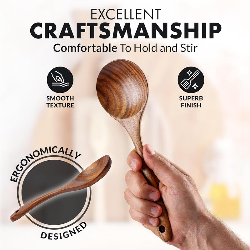 Zulay Kitchen Conjunto de colheres de madeira de 6 peças – Utensílios de teca macios resistentes ao calor com aderência confortável – leve e durável – fácil de limpar, perfeito para panelas