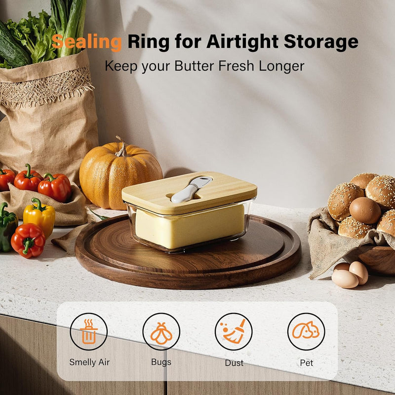 Manteiga de vidro com tampa e faca de bambu