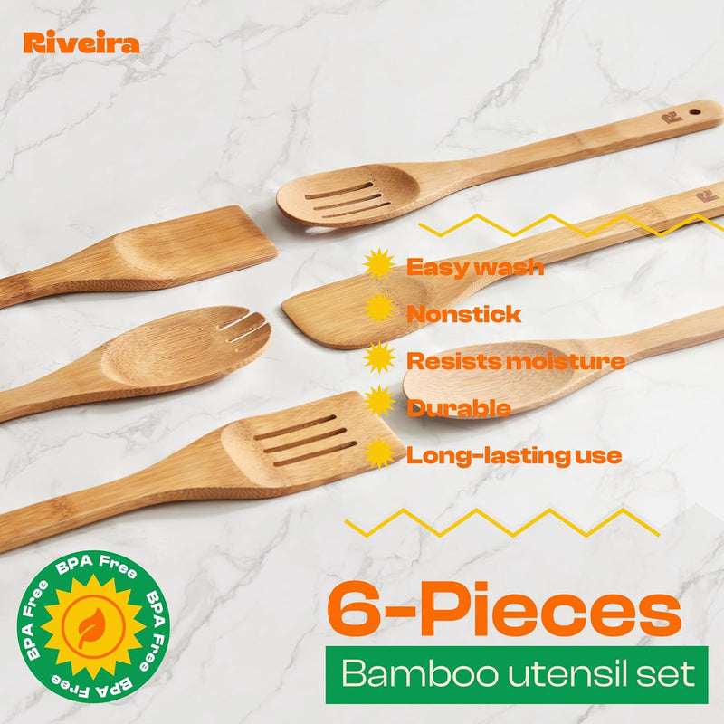 Riveira Colheres de cozinha de bambu com 6 peças – Conjunto de utensílios de cozinha de madeira com colheres de madeira para cozinhar e espátulas, conjuntos de utensílios de madeira – Conjunto de