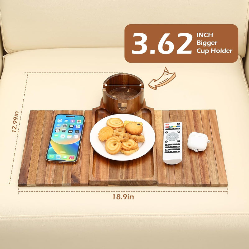 BAMBOOTRAY Bandeja de suporte de copo de sofá, mesa de braço de sofá 3 em 1, grande 48 x 33 cm, mesa lateral de bambu com clipe de sofá com suporte de copo de 360° para sofá, organizador