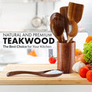 Zulay Kitchen Conjunto de colheres de madeira de 6 peças – Utensílios de teca macios resistentes ao calor com aderência confortável – leve e durável – fácil de limpar, perfeito para panelas