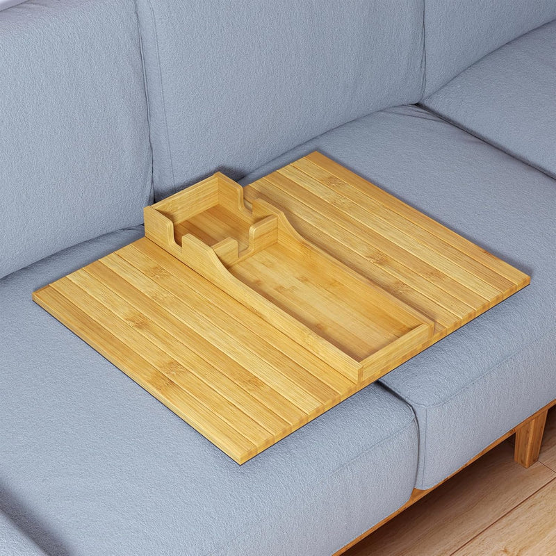 SpaceAid Suporte de copo de bambu para sofá, dobrável antiqueda, bandeja de apoio de braço com suporte de copo, organizador de mesa lateral de braço de sofá para lanches remotos (natural)