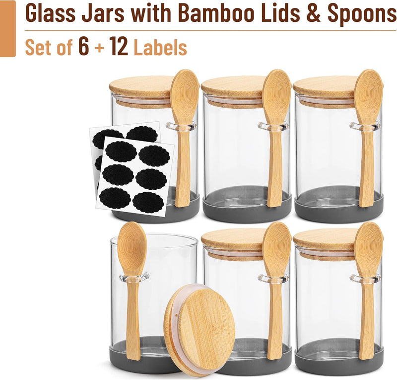 BAMBOO LAND- Glass Jars with Bamboo Lids and Spoons Set, 19 Oz, Set of 6, Glass Containers with Bamboo Lids Airtight for Loose Tea, Brown Sugar, Candy, Nuts