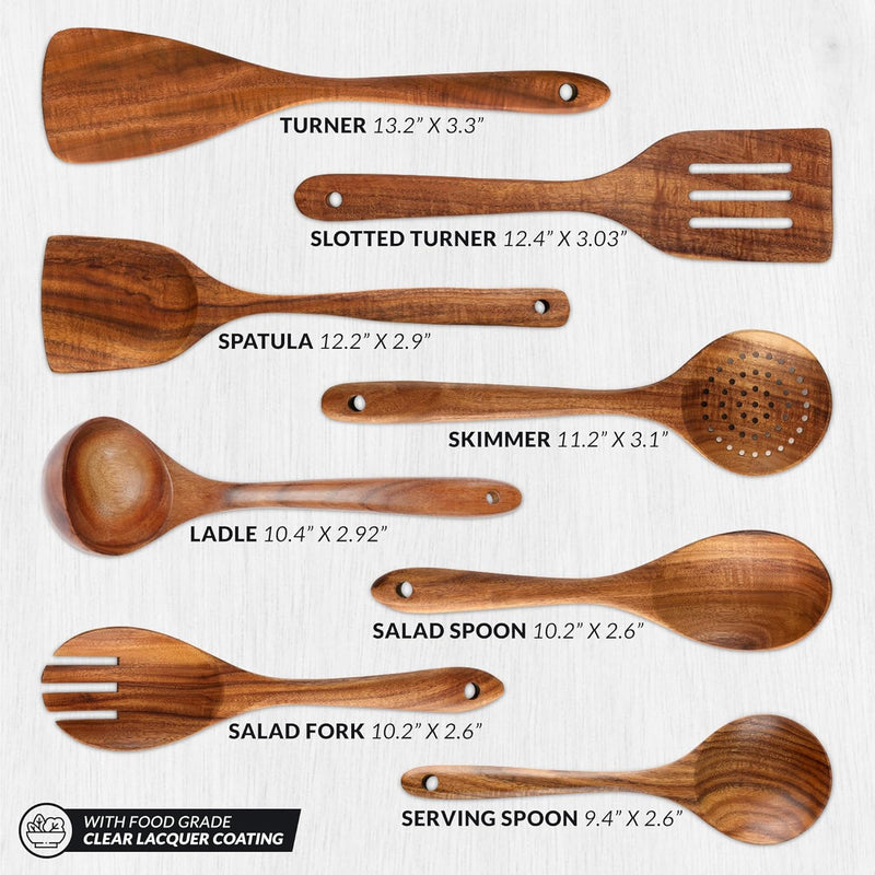Zulay Kitchen Conjunto de colheres de madeira de 6 peças – Utensílios de teca macios resistentes ao calor com aderência confortável – leve e durável – fácil de limpar, perfeito para panelas