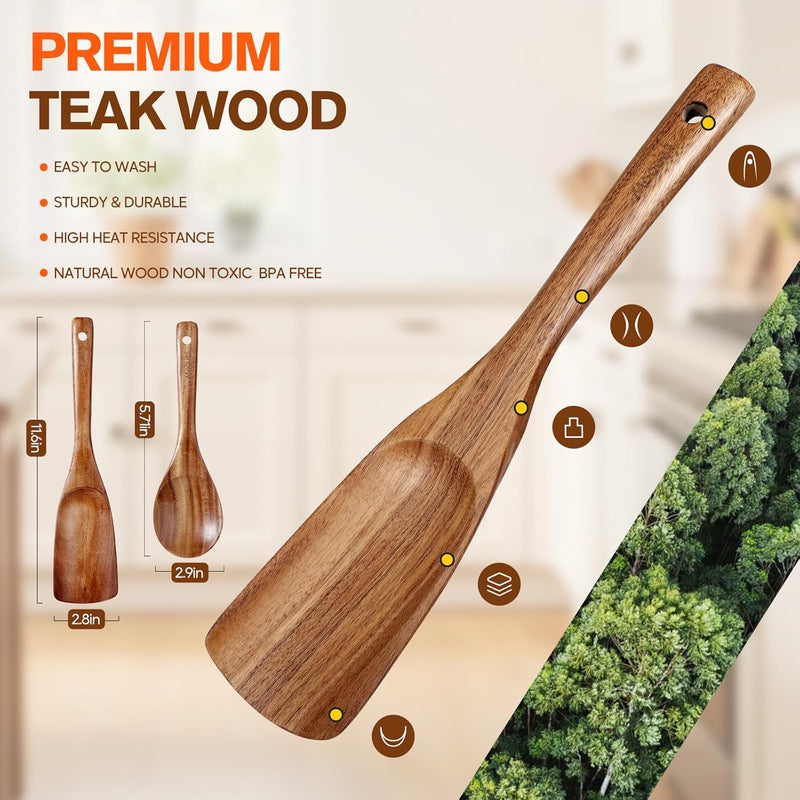 Conjunto de utensílios de cozinha de madeira teca natural de 9 peças com descanso de colher - Suporte de colheres e utensílios de cozinha com aderência confortável