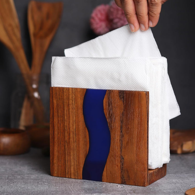 Porta-guardanapos de madeira de acácia e resina epóxi transparente para mesa
