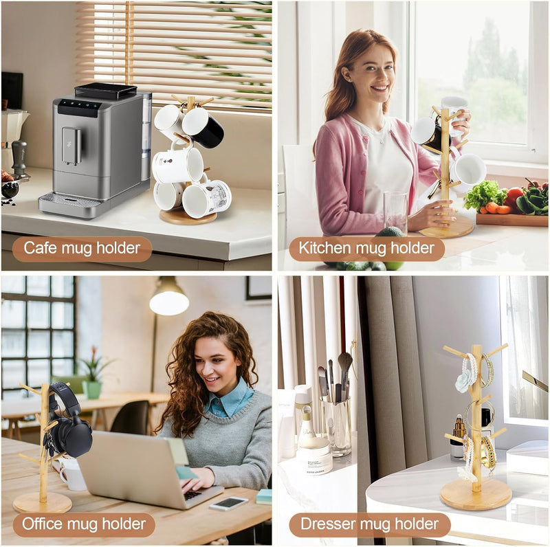 Suporte de caneca de bambu, 6 ganchos para canecas de café, suporte decorativo para balcão, caneca de café antiderrapante, árvore